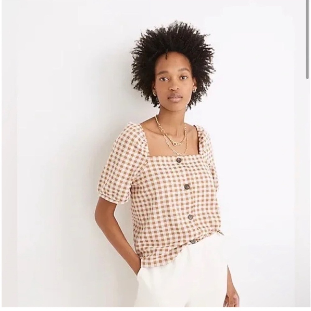 Madewell Cream and Brown Gingham Square-Neck Blouse